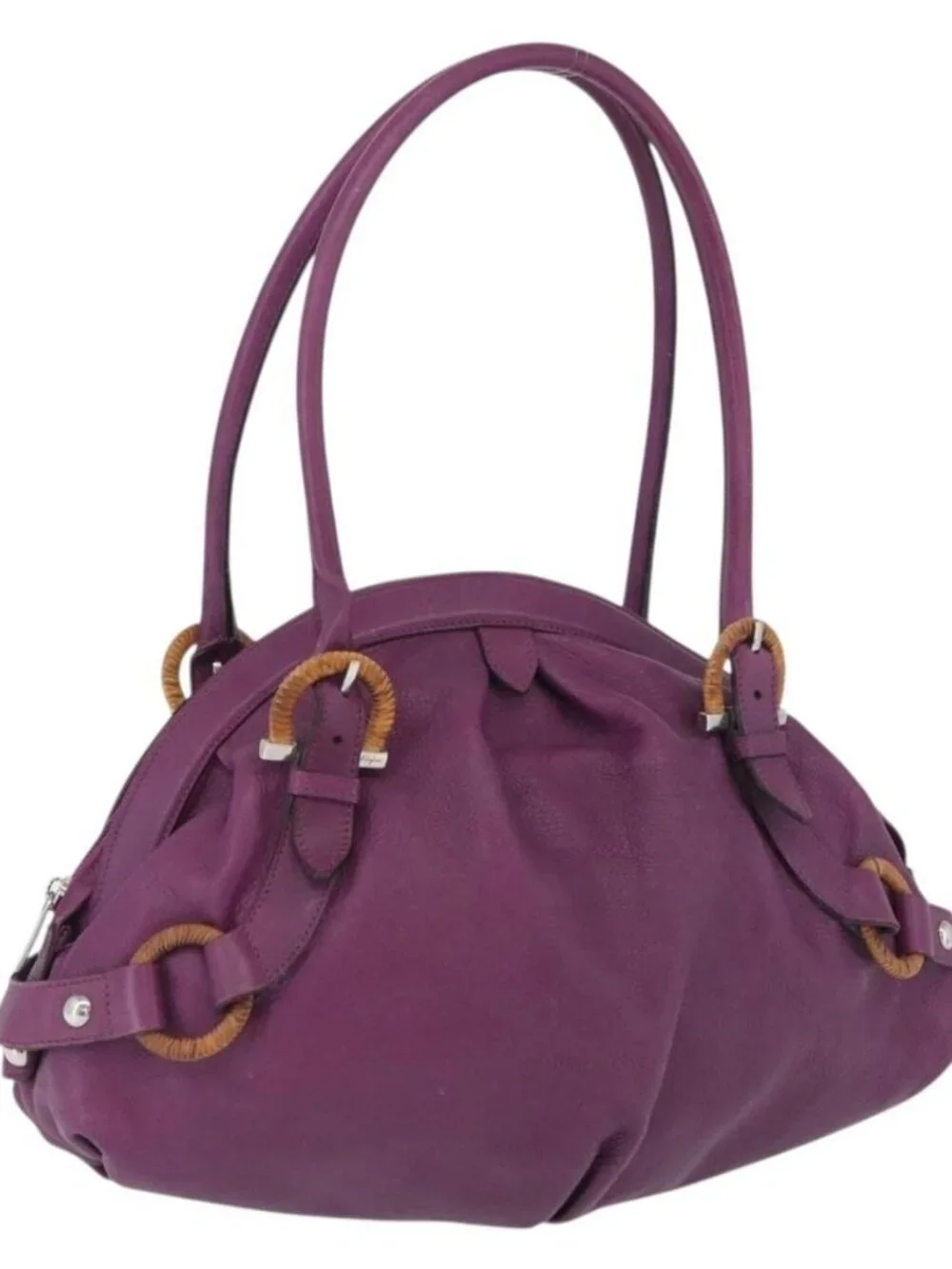 Salvatore Ferragamo Gancini Hand Bag Leather Purple Silver Auth LNZ629